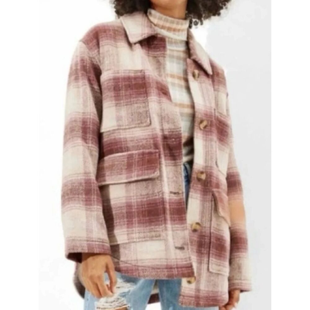 American Eagle Plaid Sherpa Lined Button Front Shirt Jacket M